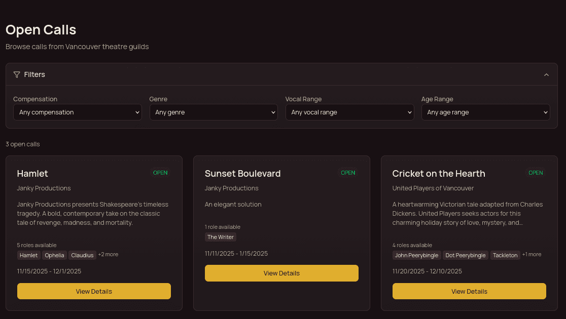 Browse open audition calls